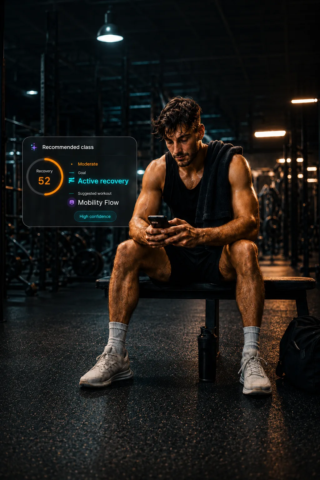 Socio sentado en un banco del gimnasio mirando la tarjeta de clase recomendada por IA con recovery score 52