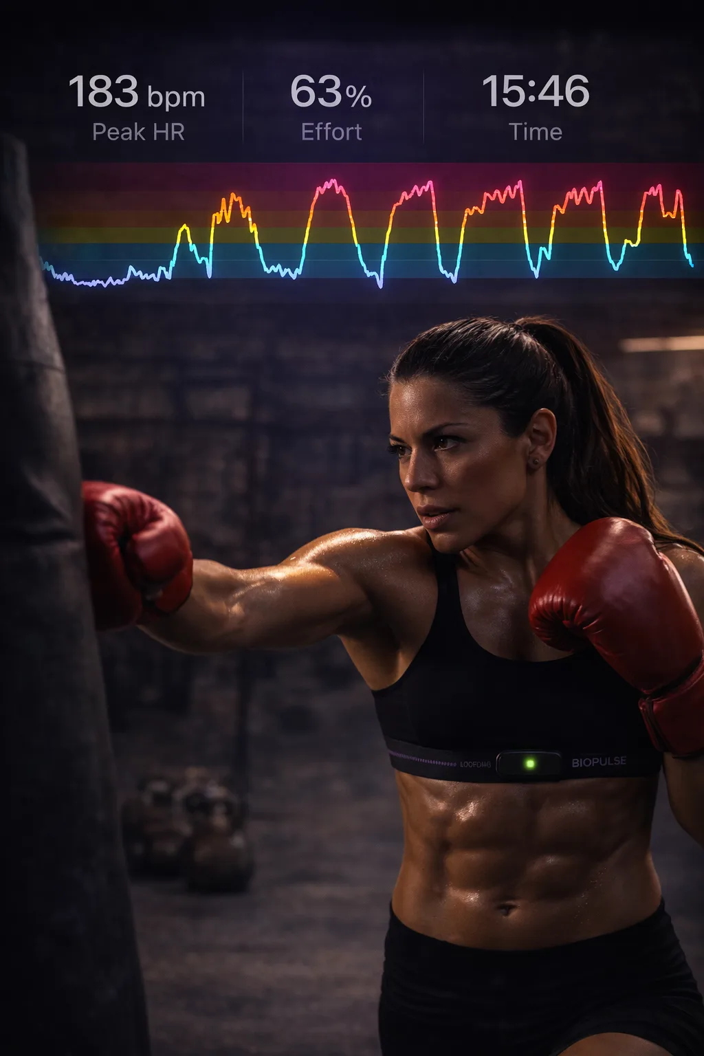 Boxeador entrenando con sensor de frecuencia cardíaca de BioPulse, con BPM, esfuerzo y tiempo en directo sobre una onda de FC con colores