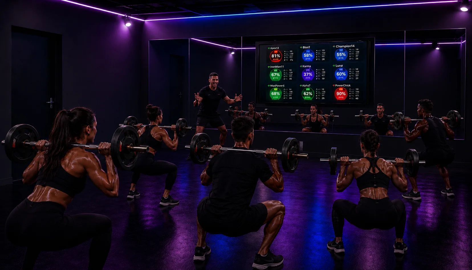 Clase grupal de fuerza haciendo sentadillas al unísono con el leaderboard en directo en la pantalla grande detrás del entrenador