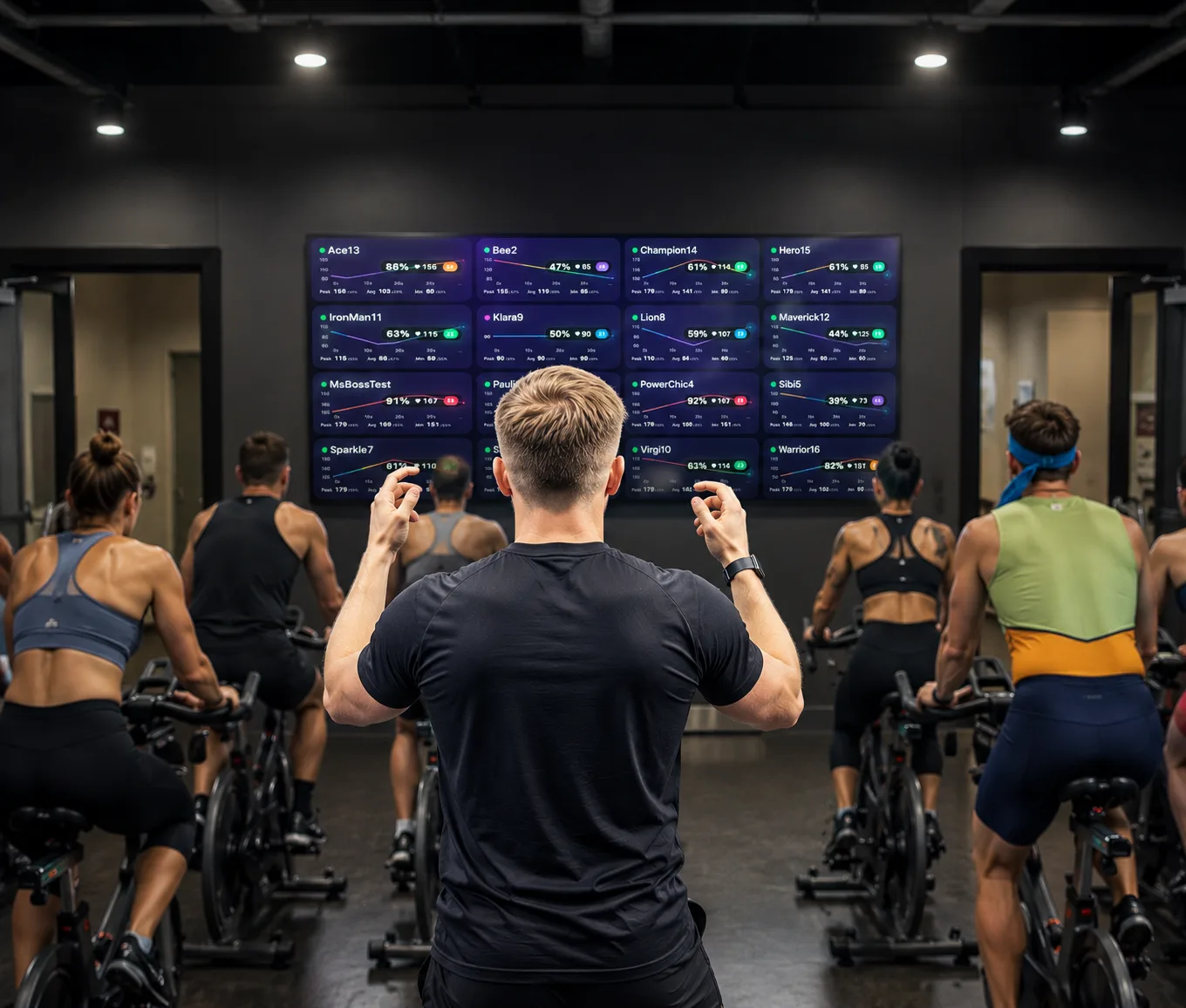 Entrenador dirigiendo una clase de indoor cycling frente a una pared con el leaderboard de BioPulse en directo