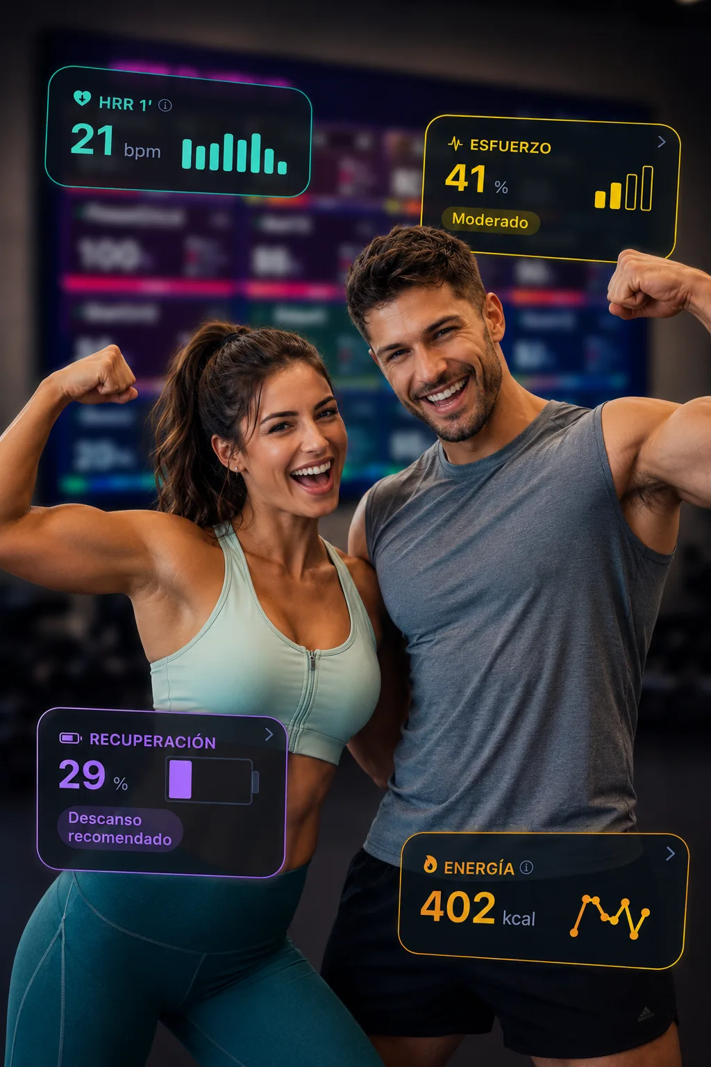 Pareja celebrando después de la clase con superposición de estadísticas post-entreno: HRR, recuperación, esfuerzo, energía
