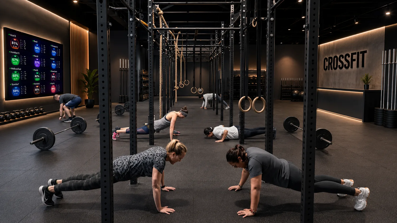 La misma clase de CrossFit con BioPulse: leaderboard en directo en la pantalla del fondo y capa de engagement con tu marca