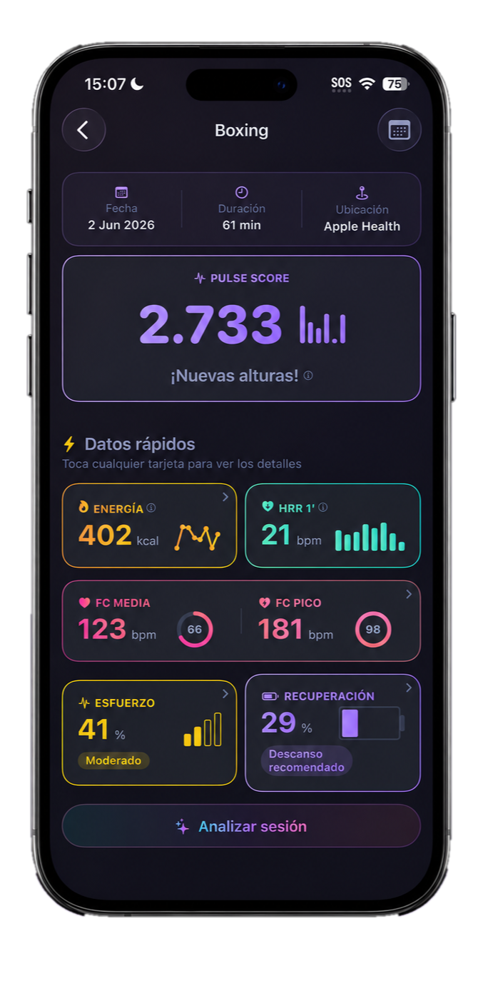 App BioPulse: detalle de sesión con PulseScore