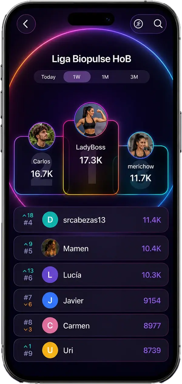 App BioPulse: leaderboard de la Liga Biopulse HoB con podio y rankings